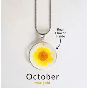 Mint & Lilly Pressed Birth Flower Necklace*October*Marigold*Silver
